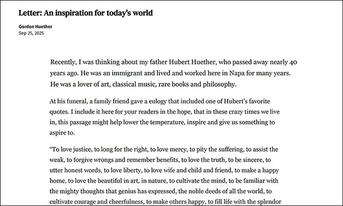 Letter: An inspiration for today's world